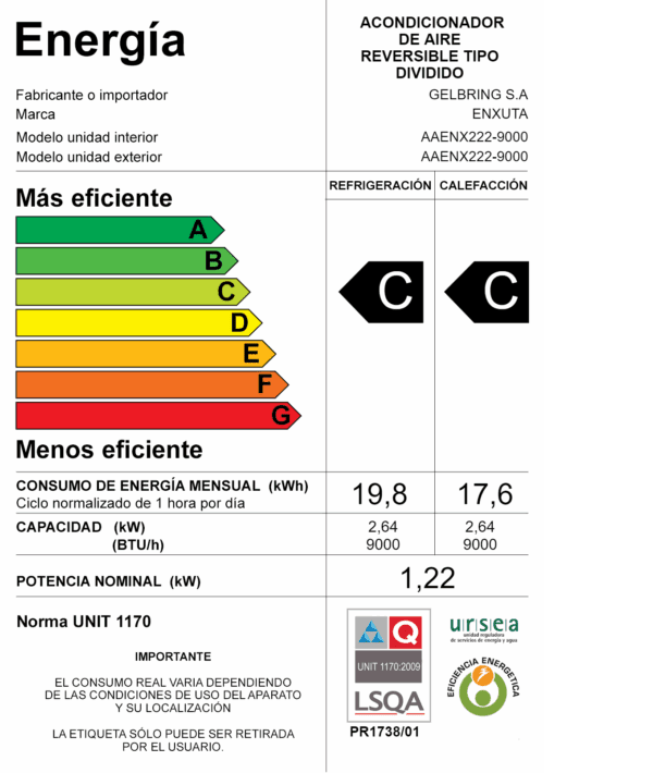 Aire Acondicionado 9.000 BTU con Gas R410A Clase C - Imagen 5