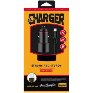 Cargador USB Auto 12v 24v Doble Puerto 5v 2.4a + Cable Micro Negro