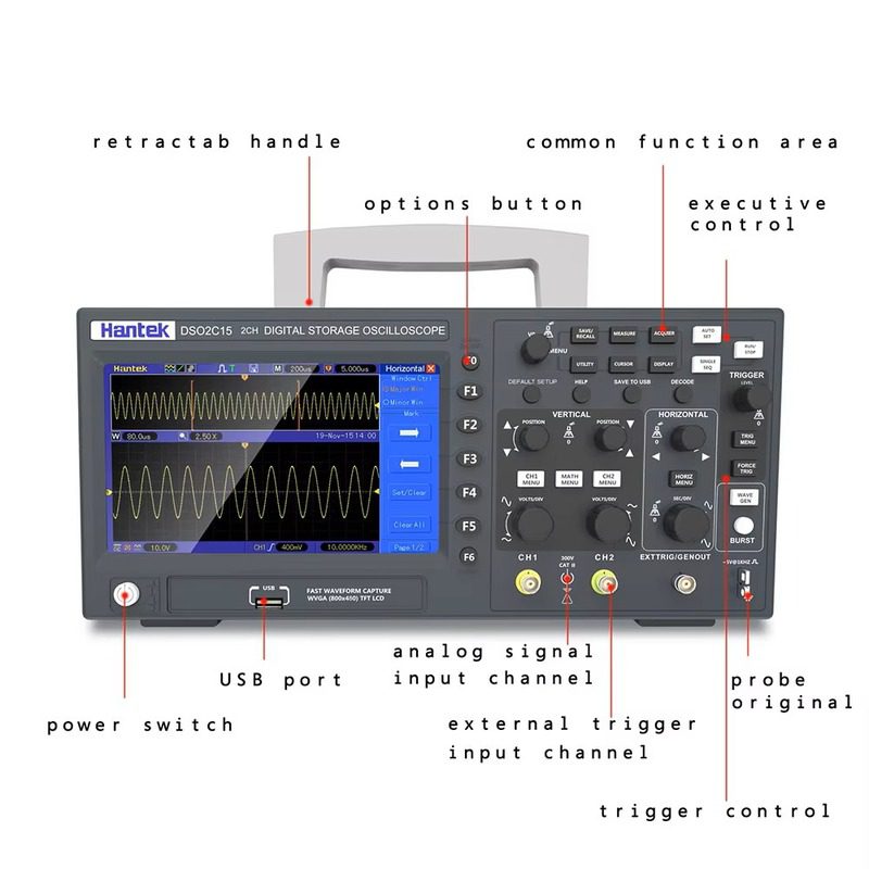 Osciloscopio digital 2 canales 150 Mhz Hantek DSO2D15 + P4100 - Imagen 2