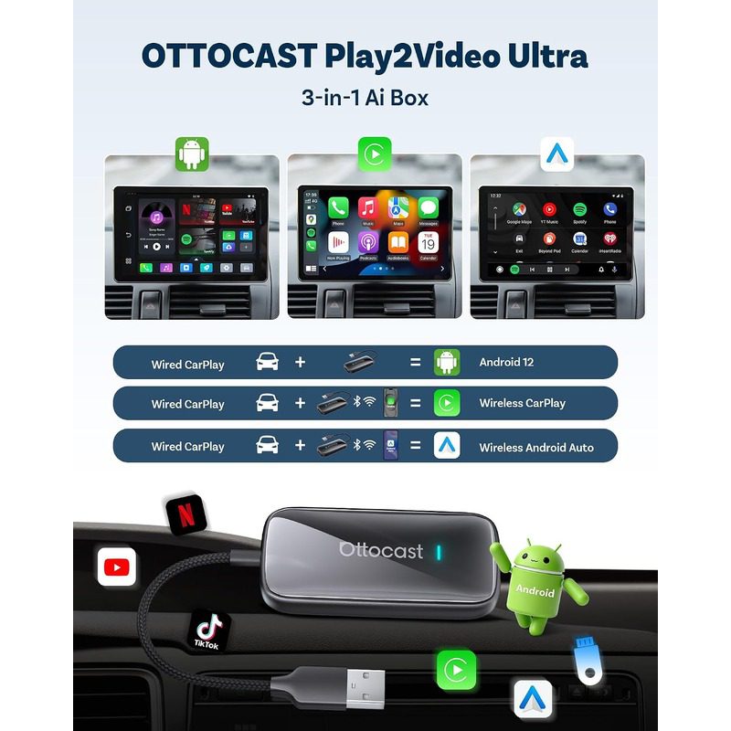 Ottocast Play2Video Ultraadaptador 3 en 1 para automóviles - Imagen 2